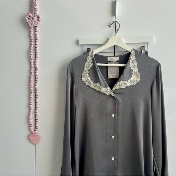 LISE WATIER Lingerie Satin Silky Pajama Set Medium Gray Loungewear - Picture 8 of 17